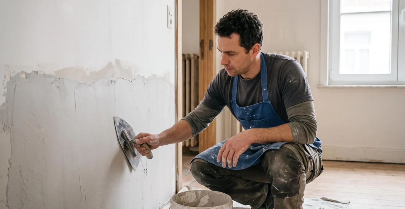 Technicien appliquant un enduit de finition sur le bas d'un mur intérieur après traitement contre les remontées capillaires.