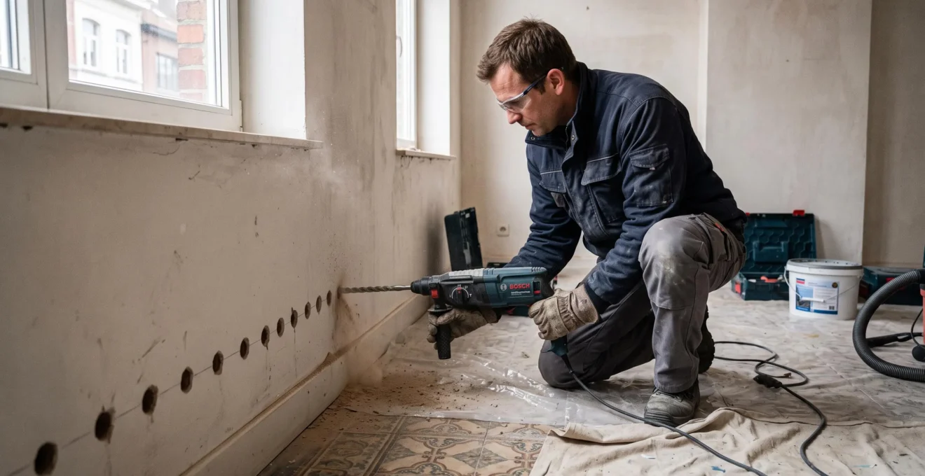 Technicien perçant des trous d'injection régulièrement espacés dans le bas d'un mur intérieur pour le traitement contre les remontées capillaires.