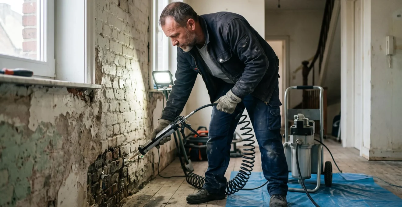 Technicien professionnel effectuant une injection de résine hydrofuge dans le bas d'un mur intérieur présentant des traces d'humidité ascensionnelle.