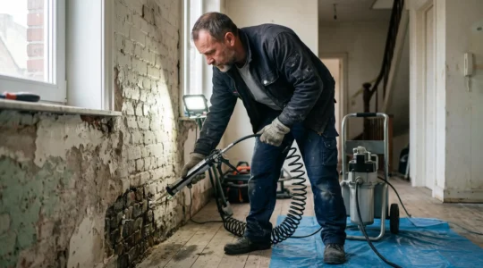 Technicien professionnel effectuant une injection de résine hydrofuge dans le bas d'un mur intérieur présentant des traces d'humidité ascensionnelle.